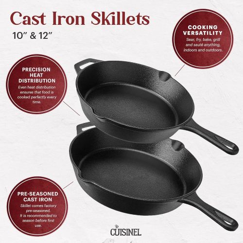  Cuisinel Pre-Seasoned Cast Iron Skillet 2-Piece Set (10-Inch and 12-Inch) with Glass Lids Oven Safe Cookware - 2 Heat-Resistant Holders - Indoor and Outdoor Use - Grill, Stovetop, Induction