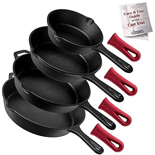  Cuisinel Pre-Seasoned Cast Iron Skillet 4-Piece Complete Chef Set (6-Inch 8-Inch 10-Inch 12-Inch) Oven Safe Cookware - 4 Heat-Resistant Holders - Indoor and Outdoor Use - Grill, Stovetop, I