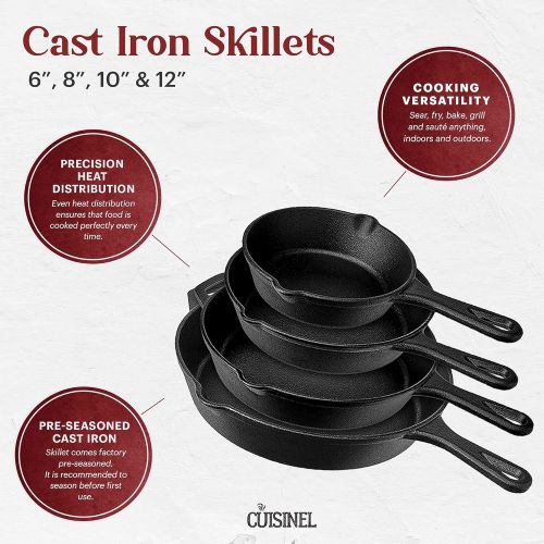  Cuisinel Pre-Seasoned Cast Iron Skillet 4-Piece Complete Chef Set (6-Inch 8-Inch 10-Inch 12-Inch) Oven Safe Cookware - 4 Heat-Resistant Holders - Indoor and Outdoor Use - Grill, Stovetop, I