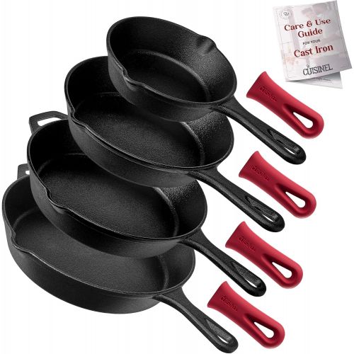  Cuisinel Pre-Seasoned Cast Iron Skillet 4-Piece Complete Chef Set (6-Inch 8-Inch 10-Inch 12-Inch) Oven Safe Cookware - 4 Heat-Resistant Holders - Indoor and Outdoor Use - Grill, Stovetop, I