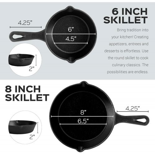  Cuisinel Pre-Seasoned Cast Iron Skillet 4-Piece Complete Chef Set (6-Inch 8-Inch 10-Inch 12-Inch) Oven Safe Cookware - 4 Heat-Resistant Holders - Indoor and Outdoor Use - Grill, Stovetop, I