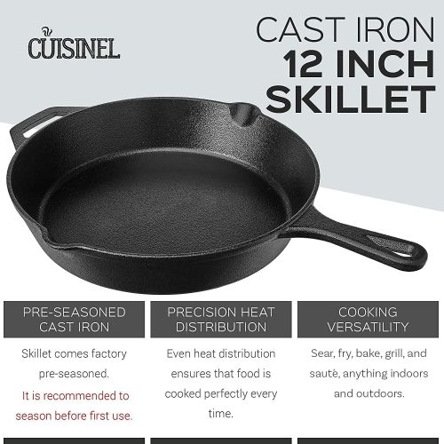  Cuisinel Pre-Seasoned Cast Iron Skillet (12-Inch) with Glass Lid and Handle Cover Oven Safe Cookware - Heat-Resistant Holder - Indoor and Outdoor Use - Grill, Stovetop, Induction Safe