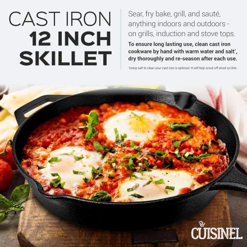  Cuisinel Pre-Seasoned Cast Iron Skillet (12-Inch) with Glass Lid and Handle Cover Oven Safe Cookware - Heat-Resistant Holder - Indoor and Outdoor Use - Grill, Stovetop, Induction Safe