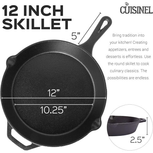  Cuisinel Pre-Seasoned Cast Iron Skillet (12-Inch) with Glass Lid and Handle Cover Oven Safe Cookware - Heat-Resistant Holder - Indoor and Outdoor Use - Grill, Stovetop, Induction Safe