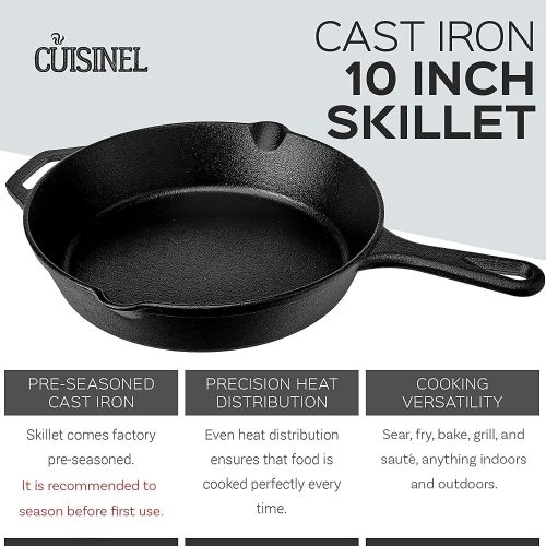  Cuisinel Cast Iron Skillet with Lid - 10-Inch Frying Pan + Glass Cover + Heat-Resistant Handle Holder - Pre-Seasoned Oven Safe Cookware - Indoor/Outdoor Use - Grill, Stovetop, Camping Firep