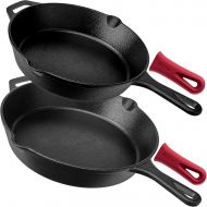 Cuisinel Cast Iron Skillets - Pre-Seasoned 2-Piece Pan Set: 10 + 12-Inch + 2 Heat-Resistant Silicone Handle Covers - Dual Handle Helpers - Oven Safe Cookware - Indoor/Outdoor, Grill, Stovet