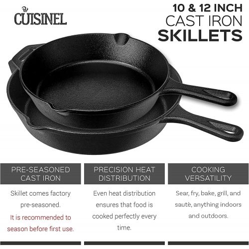  Cuisinel Cast Iron Skillets - Pre-Seasoned 2-Piece Pan Set: 10 + 12-Inch + 2 Heat-Resistant Silicone Handle Covers - Dual Handle Helpers - Oven Safe Cookware - Indoor/Outdoor, Grill, Stovet