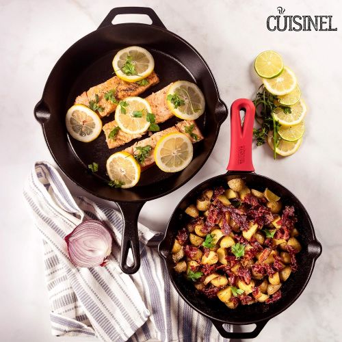  Cuisinel Cast Iron Skillets - Pre-Seasoned 2-Piece Pan Set: 10 + 12-Inch + 2 Heat-Resistant Silicone Handle Covers - Dual Handle Helpers - Oven Safe Cookware - Indoor/Outdoor, Grill, Stovet