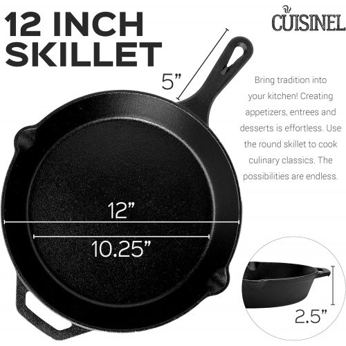  Cuisinel Cast Iron Skillet - 12-Inch Frying Pan with Assist Handle and Pour Spots + Silicone Grip Cover - Pre-Seasoned Oven Safe Cookware - Indoor/Outdoor Use - Grill, Stovetop, Induction a