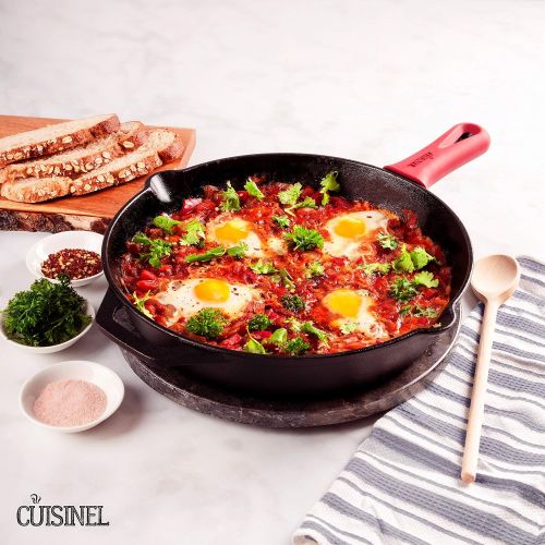  Cuisinel Cast Iron Skillet - 12-Inch Frying Pan with Assist Handle and Pour Spots + Silicone Grip Cover - Pre-Seasoned Oven Safe Cookware - Indoor/Outdoor Use - Grill, Stovetop, Induction a