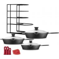 Cuisinel Cast Iron Skillet Set + Glass Lids - 8+10+12 Frying Pans + Pan Rack Organizer + Scraper + Heat-Resistant Handle Holders - Pre-Seasoned Oven Safe Cookware Kit - Grill, Fire, Stoveto