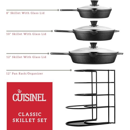  Cuisinel Cast Iron Skillet Set + Glass Lids - 8+10+12 Frying Pans + Pan Rack Organizer + Scraper + Heat-Resistant Handle Holders - Pre-Seasoned Oven Safe Cookware Kit - Grill, Fire, Stoveto