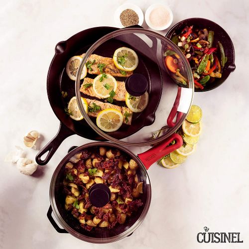  Cuisinel Cast Iron Skillet Set + Glass Lids - 8+10+12 Frying Pans + Pan Rack Organizer + Scraper + Heat-Resistant Handle Holders - Pre-Seasoned Oven Safe Cookware Kit - Grill, Fire, Stoveto