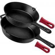 Cuisinel Cast Iron Skillet Set - 8 + 10-Inch Frying Pan + 2 Heat-Resistant Handle Holder Grip Covers - Pre-Seasoned Oven Safe Cookware - Indoor/Outdoor Use - Grill, Firepit, BBQ, Stovetop,