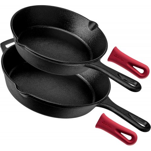  Cuisinel Cast Iron Skillet Set - 8 + 10-Inch Frying Pan + 2 Heat-Resistant Handle Holder Grip Covers - Pre-Seasoned Oven Safe Cookware - Indoor/Outdoor Use - Grill, Firepit, BBQ, Stovetop,