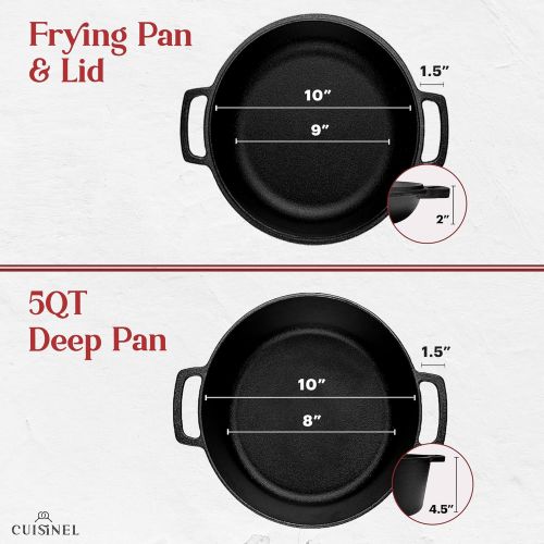  Cuisinel Cast Iron Double Dutch Oven - Pre-Seasoned 5-Quart Set ? 2-in-1 Multi-Cooker: 5-Qt Deep Pot + 10 Skillet - Frying Pan Converts to Lid of Combo Dutch Oven ? Grill, Stove Top, BBQ an