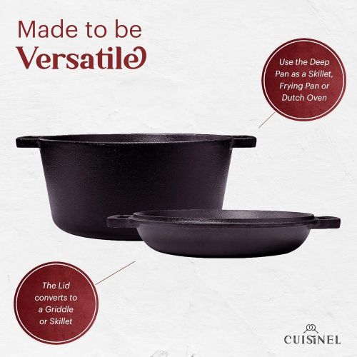  Cuisinel Cast Iron Double Dutch Oven - Pre-Seasoned 5-Quart Set ? 2-in-1 Multi-Cooker: 5-Qt Deep Pot + 10 Skillet - Frying Pan Converts to Lid of Combo Dutch Oven ? Grill, Stove Top, BBQ an