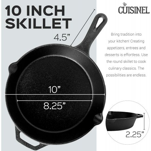  Cuisinel Cast Iron Skillet Set - 3-Piece: 6 + 8 + 10-Inch Chef Frying Pans - Pre-Seasoned Oven Safe Cookware + 3 Heat-Resistant Handle Cover Grips - Indoor/Outdoor Use - Grill, Stovetop, BB