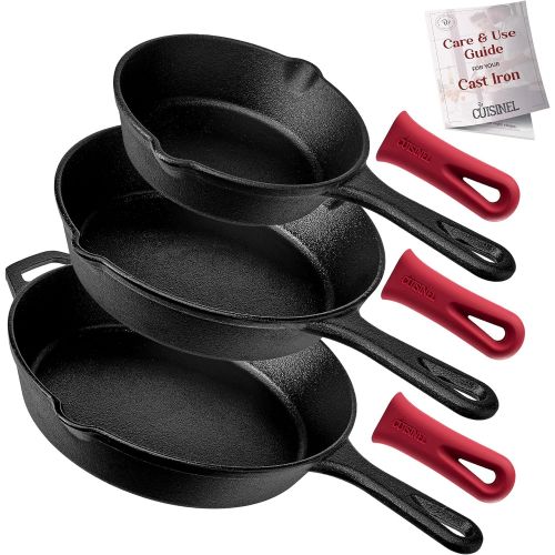  Cuisinel Cast Iron Skillet Set - 3-Piece: 6 + 8 + 10-Inch Chef Frying Pans - Pre-Seasoned Oven Safe Cookware + 3 Heat-Resistant Handle Cover Grips - Indoor/Outdoor Use - Grill, Stovetop, BB