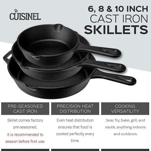  Cuisinel Cast Iron Skillet Set - 3-Piece: 6 + 8 + 10-Inch Chef Frying Pans - Pre-Seasoned Oven Safe Cookware + 3 Heat-Resistant Handle Cover Grips - Indoor/Outdoor Use - Grill, Stovetop, BB