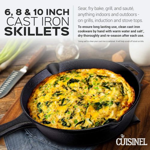  Cuisinel Cast Iron Skillet Set - 3-Piece: 6 + 8 + 10-Inch Chef Frying Pans - Pre-Seasoned Oven Safe Cookware + 3 Heat-Resistant Handle Cover Grips - Indoor/Outdoor Use - Grill, Stovetop, BB