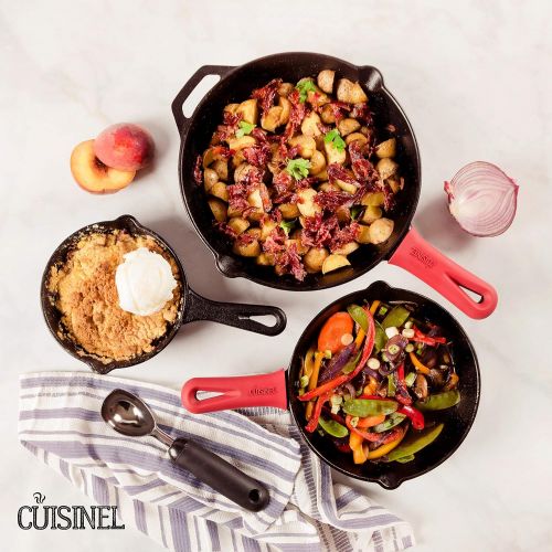  Cuisinel Cast Iron Skillet Set - 3-Piece: 6 + 8 + 10-Inch Chef Frying Pans - Pre-Seasoned Oven Safe Cookware + 3 Heat-Resistant Handle Cover Grips - Indoor/Outdoor Use - Grill, Stovetop, BB