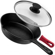 Cuisinel Cast Iron Skillet with Lid - 8-Inch Frying Pan + Glass Cover + Silicone Grip Handle Holder - Pre-Seasoned Oven Safe Cookware - Indoor/Outdoor Use - Grill, Stovetop, Camping Firepit