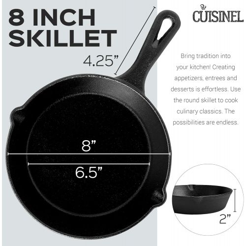  Cuisinel Cast Iron Skillet with Lid - 8-Inch Frying Pan + Glass Cover + Silicone Grip Handle Holder - Pre-Seasoned Oven Safe Cookware - Indoor/Outdoor Use - Grill, Stovetop, Camping Firepit