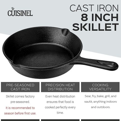  Cuisinel Cast Iron Skillet with Lid - 8-Inch Frying Pan + Glass Cover + Silicone Grip Handle Holder - Pre-Seasoned Oven Safe Cookware - Indoor/Outdoor Use - Grill, Stovetop, Camping Firepit