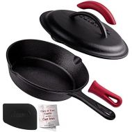 Cuisinel Cast Iron Skillet with Lid - 8-inch Pre-Seasoned Covered Frying Pan Set + Silicone Handle and Lid Holders + Scraper/Cleaner - Indoor/Outdoor, Oven, Stovetop, Camping Fire, Grill Sa