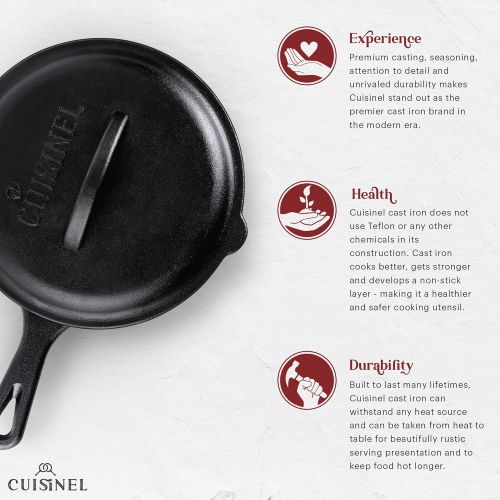  Cuisinel Cast Iron Skillet with Lid - 8-inch Pre-Seasoned Covered Frying Pan Set + Silicone Handle and Lid Holders + Scraper/Cleaner - Indoor/Outdoor, Oven, Stovetop, Camping Fire, Grill Sa