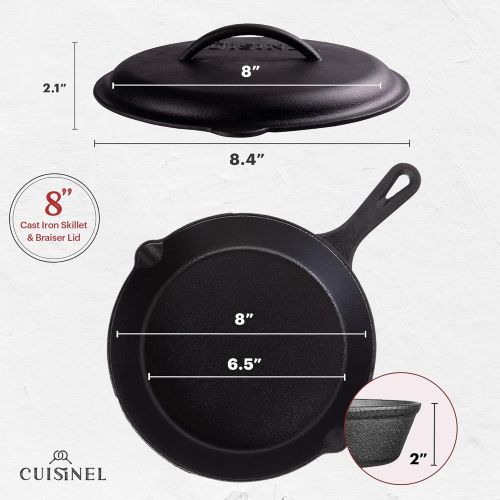  Cuisinel Cast Iron Skillet with Lid - 8-inch Pre-Seasoned Covered Frying Pan Set + Silicone Handle and Lid Holders + Scraper/Cleaner - Indoor/Outdoor, Oven, Stovetop, Camping Fire, Grill Sa