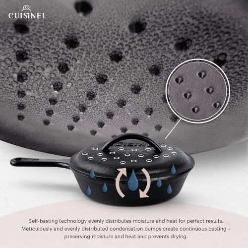  Cuisinel Cast Iron Skillet with Lid - 8-inch Pre-Seasoned Covered Frying Pan Set + Silicone Handle and Lid Holders + Scraper/Cleaner - Indoor/Outdoor, Oven, Stovetop, Camping Fire, Grill Sa