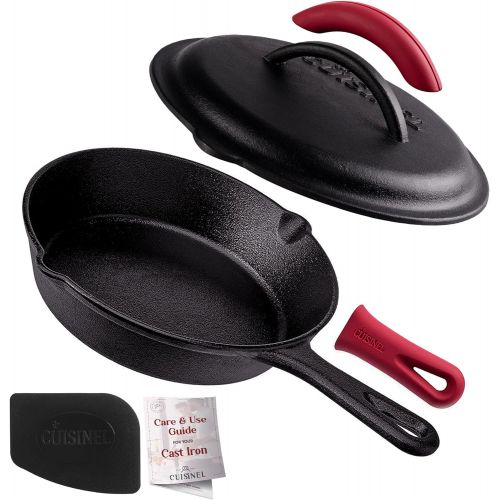  Cuisinel Cast Iron Skillet with Lid - 8-inch Pre-Seasoned Covered Frying Pan Set + Silicone Handle and Lid Holders + Scraper/Cleaner - Indoor/Outdoor, Oven, Stovetop, Camping Fire, Grill Sa