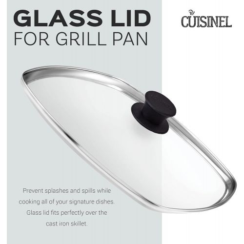  Cuisinel Cast Iron Square Grill Pan with Glass Lid - 10.5 Inch Pre-Seasoned Skillet with Handle Cover and Pan Scraper - Grill, Stovetop, Induction Safe - Indoor and Outdoor Use - for Grilli