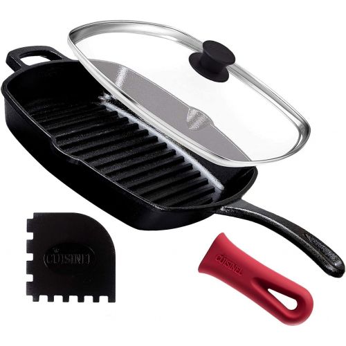  Cuisinel Cast Iron Square Grill Pan with Glass Lid - 10.5 Inch Pre-Seasoned Skillet with Handle Cover and Pan Scraper - Grill, Stovetop, Induction Safe - Indoor and Outdoor Use - for Grilli