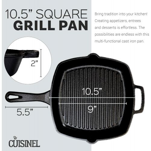  Cuisinel Cast Iron Square Grill Pan with Glass Lid - 10.5 Inch Pre-Seasoned Skillet with Handle Cover and Pan Scraper - Grill, Stovetop, Induction Safe - Indoor and Outdoor Use - for Grilli
