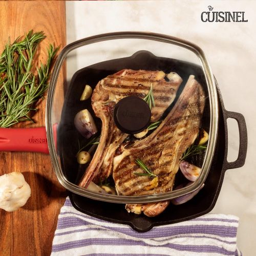  Cuisinel Cast Iron Square Grill Pan with Glass Lid - 10.5 Inch Pre-Seasoned Skillet with Handle Cover and Pan Scraper - Grill, Stovetop, Induction Safe - Indoor and Outdoor Use - for Grilli