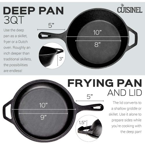  Cuisinel Cast Iron Skillet + Lid - 2-In-1 Multi Cooker - Combo: Deep Pot + Frying Pan - 3-Qt Dutch Oven - Pre-Seasoned Oven Safe Cookware - Indoor/Outdoor - Grill, Stovetop, Induction Safe