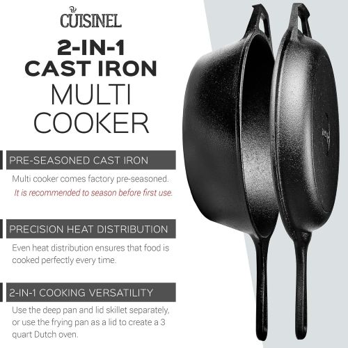  Cuisinel Cast Iron Skillet + Lid - 2-In-1 Multi Cooker - Combo: Deep Pot + Frying Pan - 3-Qt Dutch Oven - Pre-Seasoned Oven Safe Cookware - Indoor/Outdoor - Grill, Stovetop, Induction Safe