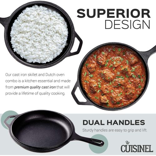  Cuisinel Cast Iron Skillet + Lid - 2-In-1 Multi Cooker - Combo: Deep Pot + Frying Pan - 3-Qt Dutch Oven - Pre-Seasoned Oven Safe Cookware - Indoor/Outdoor - Grill, Stovetop, Induction Safe
