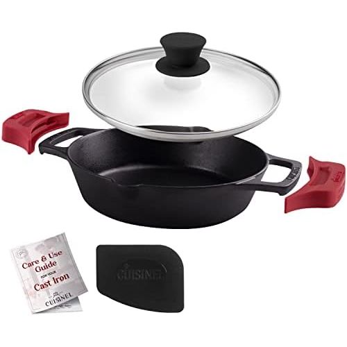  Cuisinel Cast Iron Skillet with Glass Lid - 8-Inch Dual Handle Frying Pan + Pan Scraper + Silicone Handle Holder Covers - Pre-Seasoned Oven, Grill, Stovetop, Fire, Induction Safe Cookware -