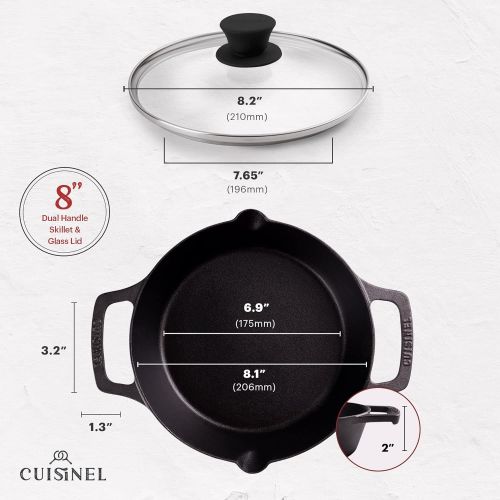  Cuisinel Cast Iron Skillet with Glass Lid - 8-Inch Dual Handle Frying Pan + Pan Scraper + Silicone Handle Holder Covers - Pre-Seasoned Oven, Grill, Stovetop, Fire, Induction Safe Cookware -