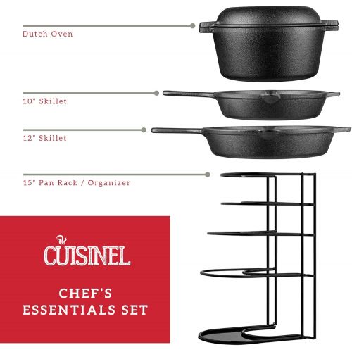  Cuisinel Cast Iron Cookware 5-Pc Set - 10 + 12 Skillet + 5-Quart Dutch Oven+ Panrack Organizer + Silicone Handle Covers + Scraper/Cleaner- Pre-Seasoned Chefs Essentials Kit - Stovetop, Gril