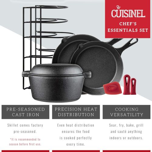  Cuisinel Cast Iron Cookware 5-Pc Set - 10 + 12 Skillet + 5-Quart Dutch Oven+ Panrack Organizer + Silicone Handle Covers + Scraper/Cleaner- Pre-Seasoned Chefs Essentials Kit - Stovetop, Gril