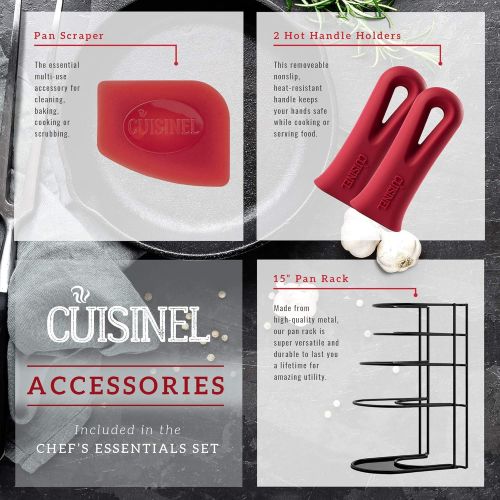  Cuisinel Cast Iron Cookware 5-Pc Set - 10 + 12 Skillet + 5-Quart Dutch Oven+ Panrack Organizer + Silicone Handle Covers + Scraper/Cleaner- Pre-Seasoned Chefs Essentials Kit - Stovetop, Gril