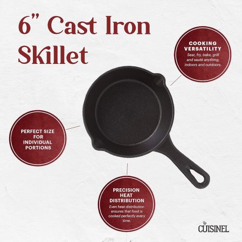  Cuisinel Cast Iron Skillet - 6-inch Frying Pan with Drip-Spouts - Preseasoned Oven Safe Cookware - Indoor/Outdoor Use for Camping - Grill, Stovetop, Broiler, BBQ, Fire Pit, Gas, Smoker and
