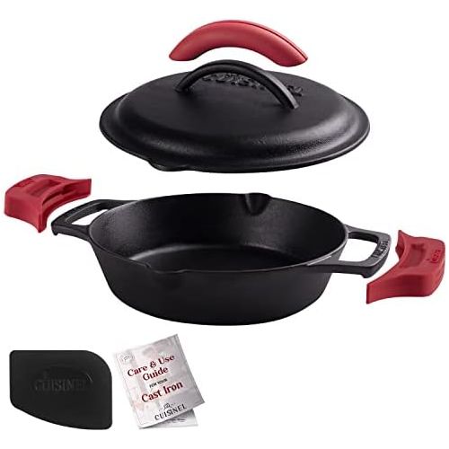  Cuisinel Cast Iron Skillet with Cast Iron Lid - 8-Inch Dual Handle Frying Pan + Pan Scraper + Silicone Handle Holder Covers - Pre-Seasoned Oven Safe Cookware - Indoor/Outdoor, Grill, Stovet