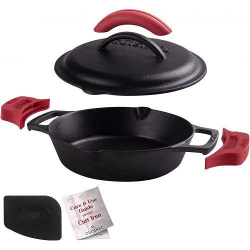  Cuisinel Cast Iron Skillet with Cast Iron Lid - 8-Inch Dual Handle Frying Pan + Pan Scraper + Silicone Handle Holder Covers - Pre-Seasoned Oven Safe Cookware - Indoor/Outdoor, Grill, Stovet