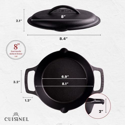  Cuisinel Cast Iron Skillet with Cast Iron Lid - 8-Inch Dual Handle Frying Pan + Pan Scraper + Silicone Handle Holder Covers - Pre-Seasoned Oven Safe Cookware - Indoor/Outdoor, Grill, Stovet